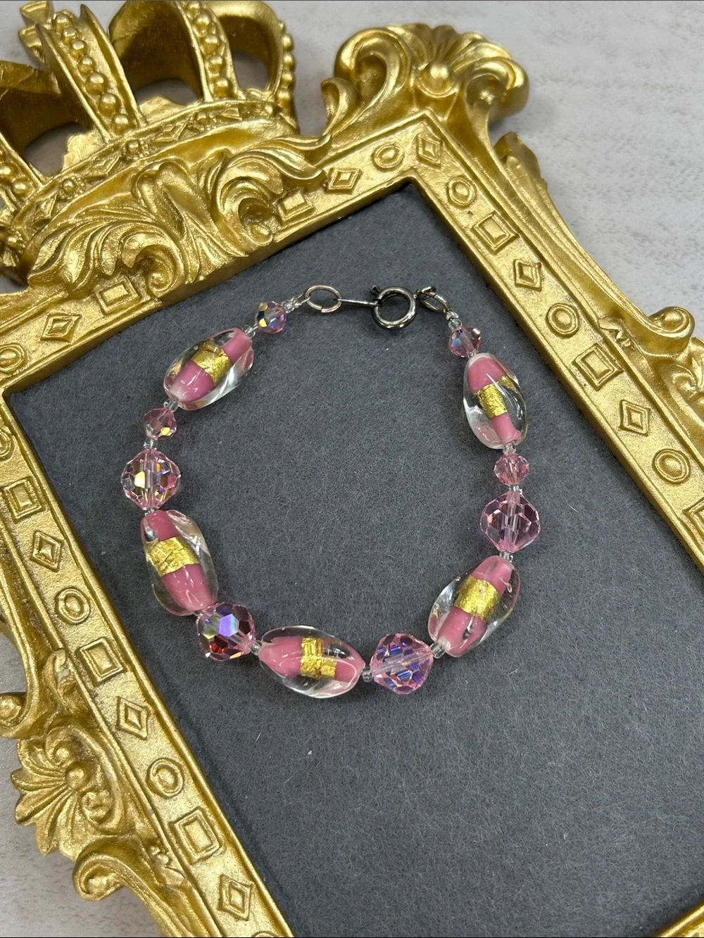 Handmade Pink Glass & Crystal Bead Bracelet with Gold Accents